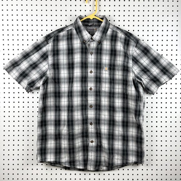 Carhartt Plaid Short Sleeve Button Down Shirt Men's L Black White Relaxed Fit - Picture 1 of 7